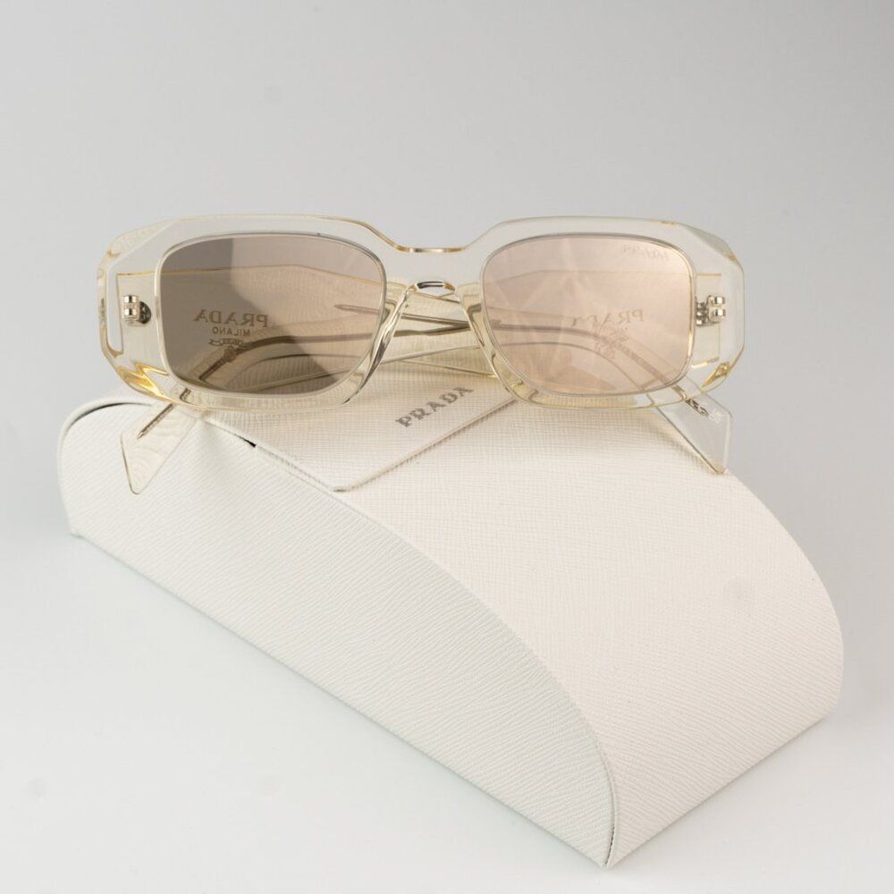NEW Prada PR17WS 19X30N Transparent Champagne Mirror Rectangle Sunglasses